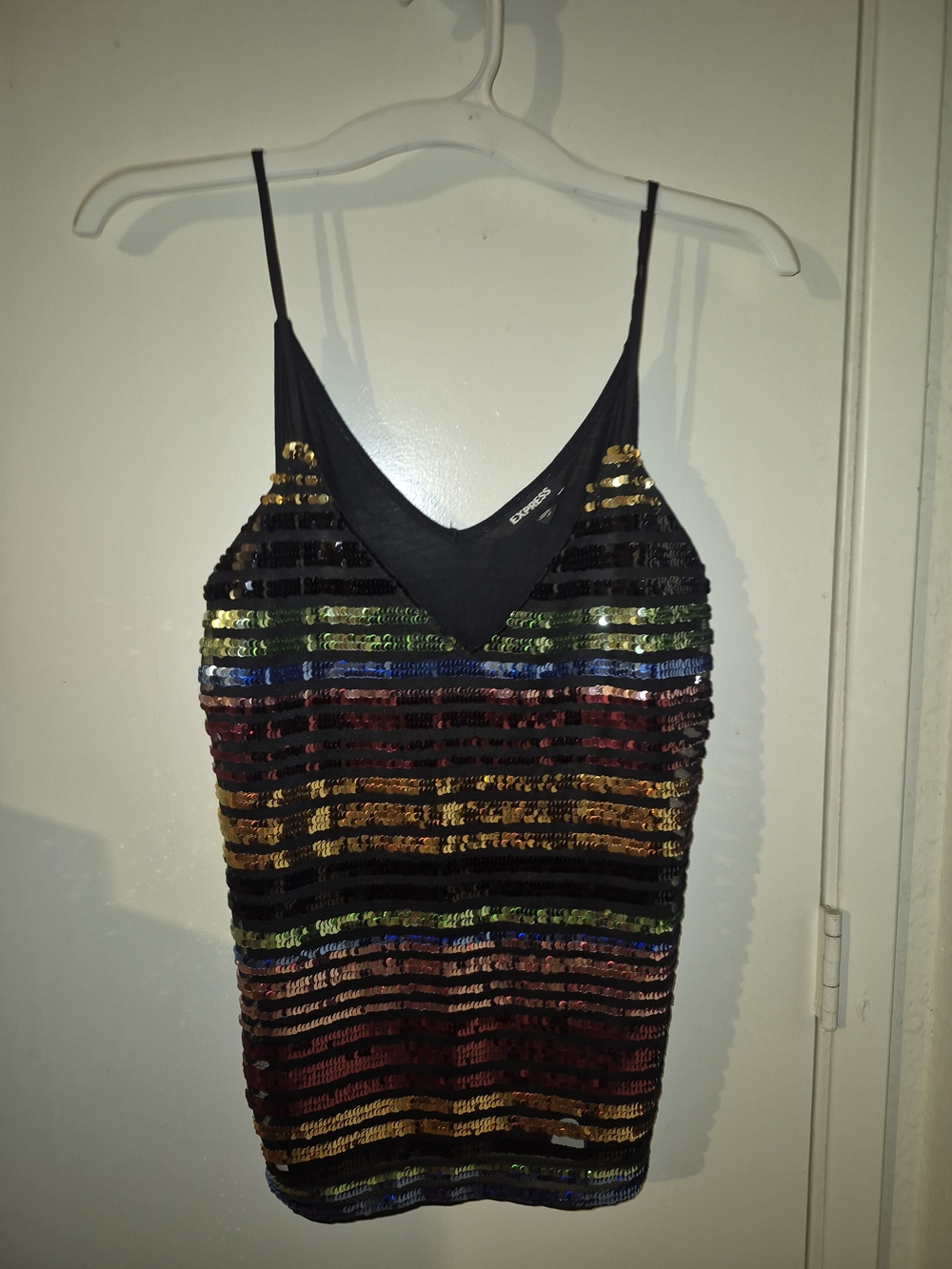 Express Black Sequin Stripe Cami with Gold, Green & Blue Accents